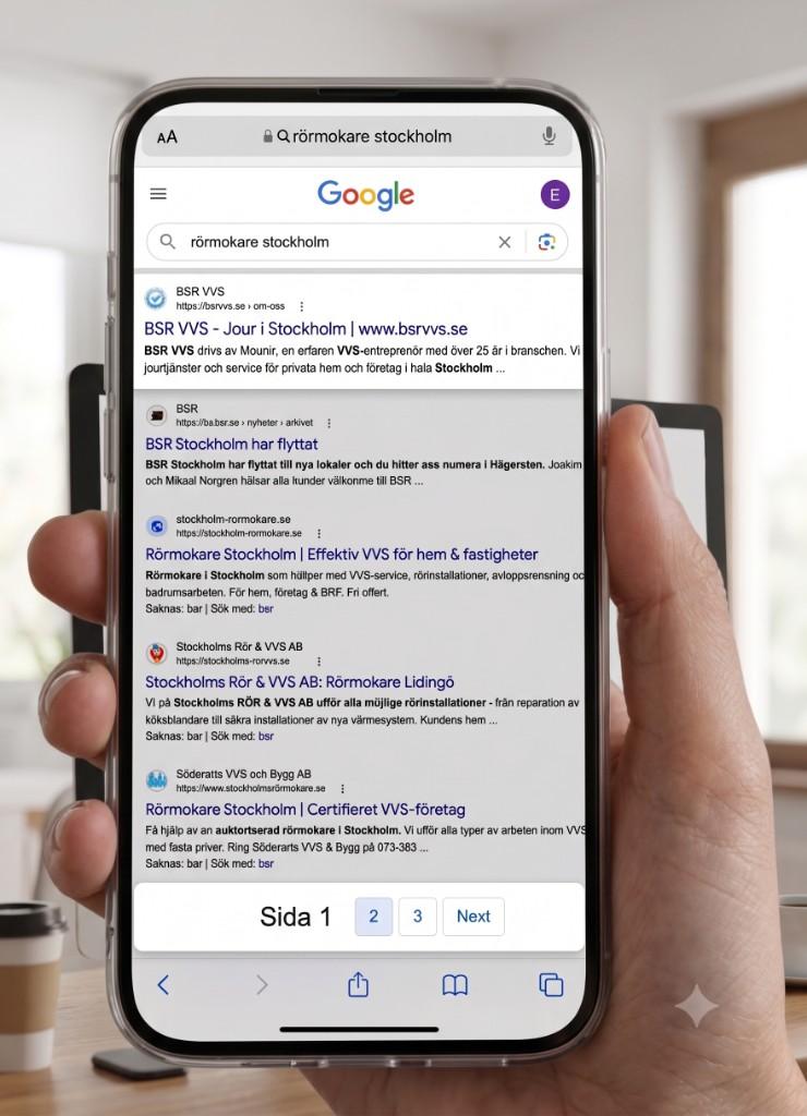 BSR VVS visas högst i Google-sökresultat för rörmokare Stockholm