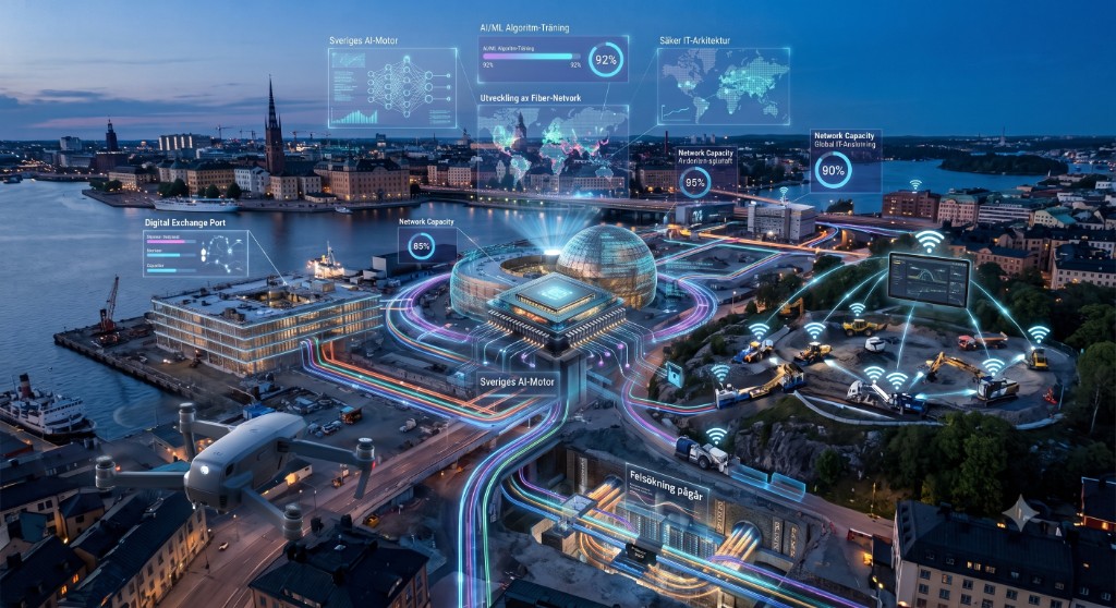 Stockholm från ovan med digitala nätverk, fiberinfrastruktur och AI-visualiseringar